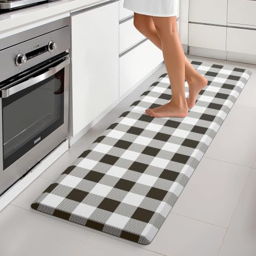"MAYHMYO Anti Fatigue Kitchen Rug Kitchen Floor Mat Cushioned Black and White Buffalo Plaid Kitchen Rugs and Mats Non Skid Waterproof Kitchen Mats for Floor Laundry Office Sink, 17.3""x59"""