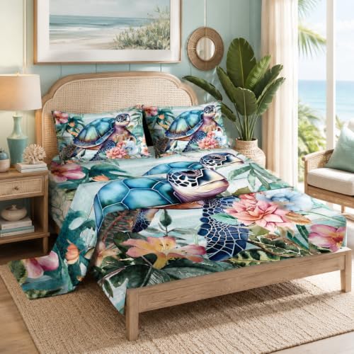 "Nttopship Spring Sea Turtle 4 Pieces Bed Sheet Sets Queen Size Sea Turtle Bedding Sets with 16"" Deep Pockets Tropical Plants Printed Bedroom Decor,Bedding Set 4 PCS(1 Fitted+1 Flat+2 Pillowcases)"