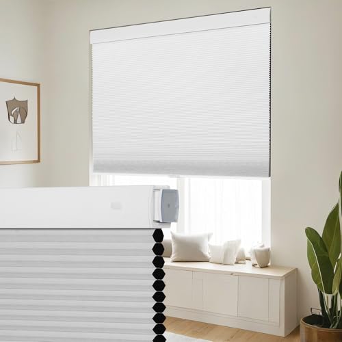 "SEEYE No Drill Cordless Cellular Shades, Blackout Honeycomb Blinds for Indoor Window,Thermal Insulated Noise Reduction, Easy Install for Bedroom, Living Room, Office, White (20"" W x 64"" H)"