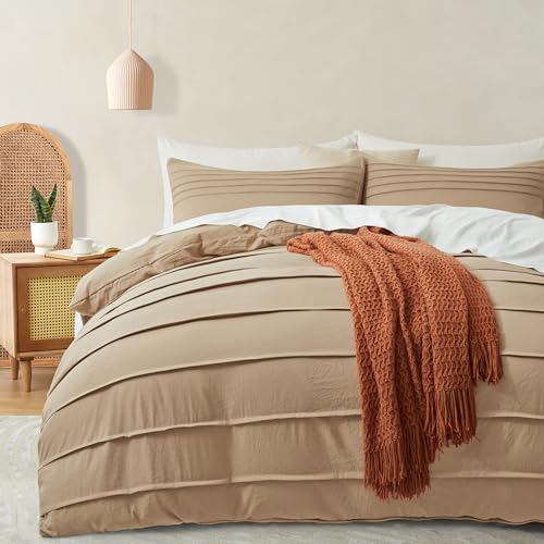 "Oli Anderson Khaki Duvet Cover Queen Size - Pleated Queen Duvet Cover, 3PCS Soft and Breathable Textured Bedding Set with Zipper Closure(Khaki,90""x90"")"