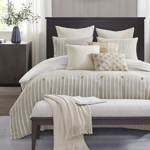 Madison Park SIGNATURE King Comforter Set - Cotton Oversized Comforters with Removable Cover Boho Bedding, Ivory, 9 Piece