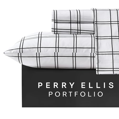 Perry Ellis Portfolio - Sheet Set, 4-Piece Wrinkle Resistant Bedding with Matching Pillowcases, Lightweight & Breathable Sheets, Plaid Home Decor (Malo White/Black, Twin/Twin XL)