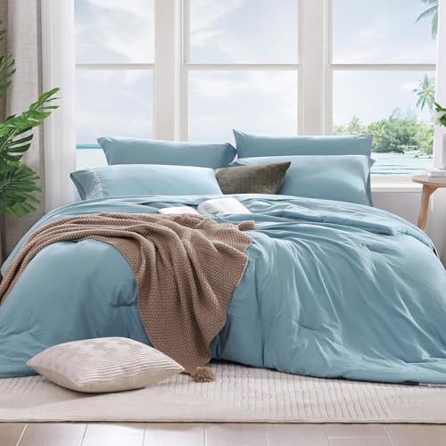 WRENSONGE Blue King Comforter Set, 7 Pieces Soft Microfiber King Size Comforter with Fitted Sheet, Flat Sheet, 2 Pillow Shams, and 2 Pillowcases- Warm King Bedding Set for All Season