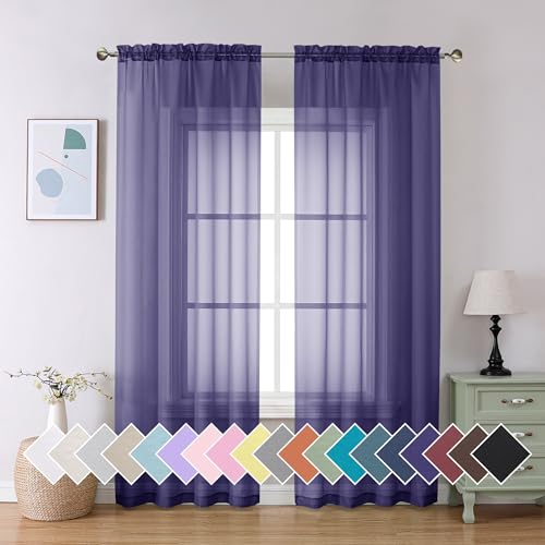 "Aiyufeng Purple Sheer Curtains 84 inches Long, Light Filtering Soft Airy Rod Pocket Sheer Curtains for Bedroom Living Room, 2 Panels, 40"" x 84"" Each"