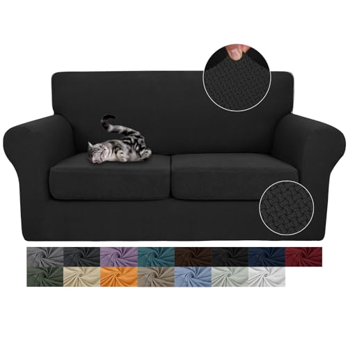 JIVINER 3 Pieces Stretch Couch Covers for 2 Cushion Couch Fitted Thick Loveseat Sofa Slipcover with 2 Seat Cushion Covers for Living Room Pet Dogs (Loveseat, Black)
