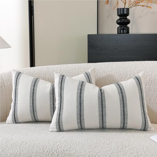 Cethom Boho Throw Pillow Covers 12x20 Set of 2, Black Striped Decorative Pillow Cases for Couch Chair Bed, Textured Farmhouse Modern Accent Cushion Covers for Living Room Bedroom Sofa Home Decor