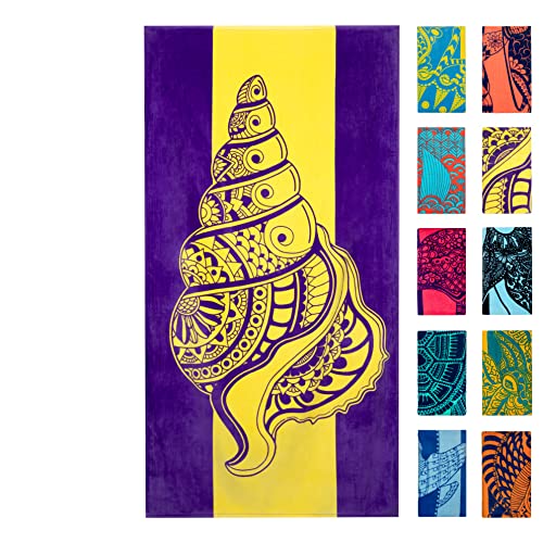 Nova Blue Seashell Beach Towel (34 X 63) ??? Purple & Yellow Travel Beach Towel Made from 100% Cotton ??? Unique Adult Beach Towel with Tropical Design - Compact Beach Towel