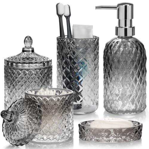 Bathroom Accessories Set, 5Pcs Gradient Glass Bath Accessory Sets Complete, Glass Bathroom Accessories with Soap Dispenser, Soap Dish, Toothbrush Holder, Qtip Holder