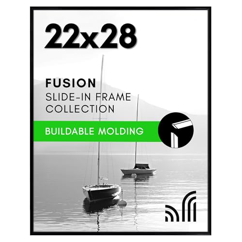 Americanflat 22x28 Poster Frame with Polished Front Cover - Slide-In Photo Frame with Buildable Molding - Fusion Collection - Picture Frames for Wall Display - Black
