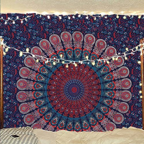 Bless International Handmade Indian hippie Bohemian Psychedelic Peacock Mandala Wall hanging College Dorm Beach Throws Table Cloth Bedding Tapestry (Midnight Blue, Medium(54x60Inches)(137x152cms))