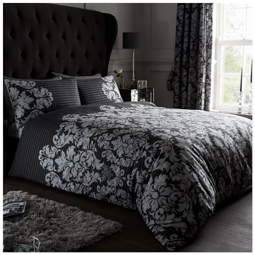 Gaveno Cavailia Empire Damask King Duvet Set Black Reversible Easy Care Cotton Blend 3 Piece Bedding - 1 Quilt Cover + 2 Pillow Cases - Button Closure - Machine Washable