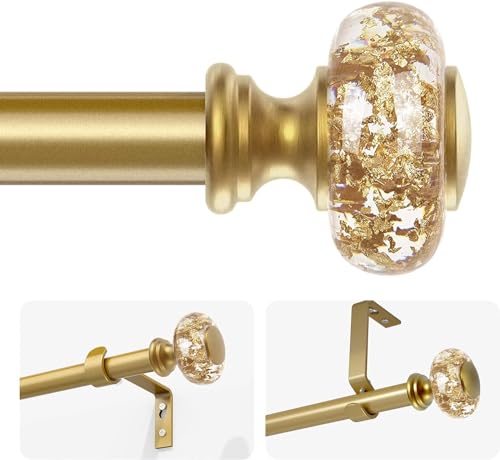 VOREFF Gold Curtain Rods for Windows 66-120 Inch: 1 Inch Adjustable Acrylic Drapery Rod with Translucent Gold Foil Finials- Single Decorative Curtain Rod for Bedroom & Bathroom