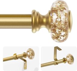 VOREFF Gold Curtain Rods for Windows 66-120 Inch: 1 Inch Adjustable Acrylic Drapery Rod with Translucent Gold Foil Finials- Single Decorative Curtain Rod for Bedroom & Bathroom