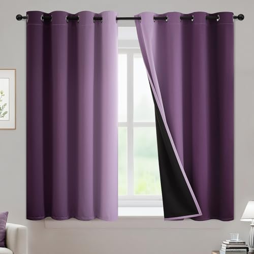 Yakamok Purple 100% Blackout Curtains for Bedroom,Ombre Room Darkening Curtains for Living Room Grommet Window Drapes 45 inches Long,Thermal Insulated Gradient Curtains & Drapes,2 Panels,52x45 inch