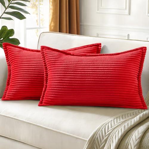 decorUhome Fall Corduroy Red Throw Pillow Covers 12x20 Set of 2 - Lumbar Couch Decorative Soft Modern Boho Farmhouse Pillow Covers Broadside Striped Pillow Cases for Living Room Bed Sofa
