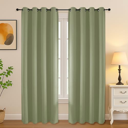Simplebrand Sage Green Curtains for Bedroom Living Room 72 Inches Long 2 Panels Set, Room Darkening Thermal Insulated Curtains & Drapes, Solid Grommet Noise Reducing Window Treatment, W50 x L72 Inch