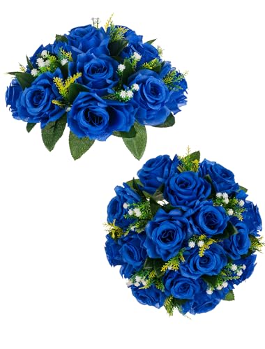 BLOSMON Flower Centerpieces for Tables Wedding 2 Pcs Royal Blue Fake Flowers Rose Arrangement Bouquet Floral Centerpiece Balls Artificial Wedding Center Pieces of Valentines Day Home Party Decor