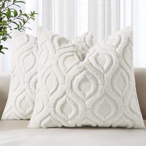 decorUhome Set of 2 Faux Fur Cushion Covers 45x45 cm, Decorative Soft Plush Fluffy Velvet Cushion Cover 18X18 Inch,Square Boho Neutral Pillow case for Sofa, Cream White