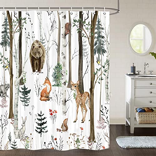 Rustic Forest Shower Curtain for Bathroom, Country Hunting Bear Deer Wild Animals Farmhouse Lodge Country Shower Curtain, Rustic Lodge Cabin Shower Curtain Nature Bathroom Set with Hooks, 60X70 Inch