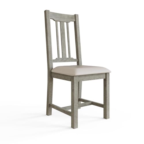 FWStyle Set of 2 Limewash Fabric Seat Dining Chairs, Solid Reclaimed Pine Wooden Chairs with Padded Seat and Slat Back, Rustic Farmhouse Dining Seating, H150 x W45 x D37cm