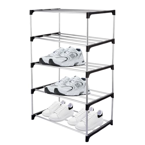 Asselected Shoe Rack 5 Tiers, 43 x 25 x 73 cm Shoes Organizers Racks with Slim Tube and Brackets, Space Saving Shoe Storage Rack for Closet, Hallway, Entryway