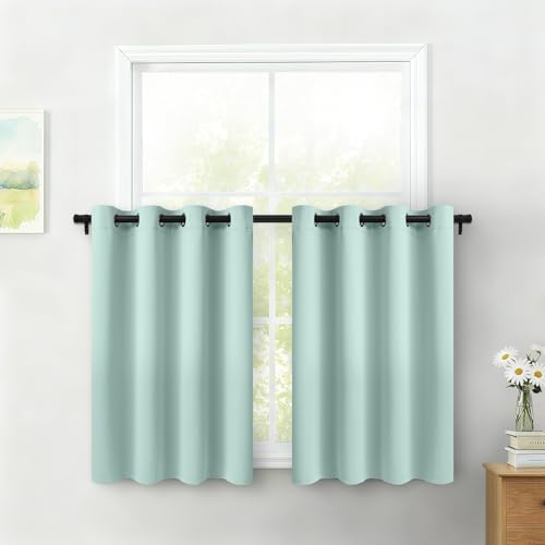 COSVIYA Grommet Blackout Room Darkening Aqua Curtains 36 inch Length 2 Panels,Thick Polyester Light Blocking Insulated Thermal Window Drapes for Bedroom/Living Room,52x36 inches