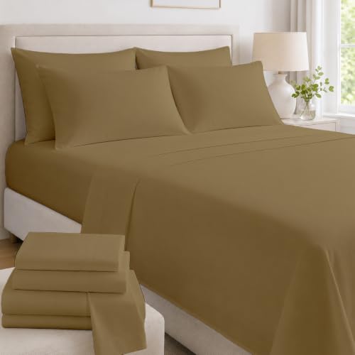 "Mattress-Homes Extra Deep Pocket 6 Piece Queen Sheet Set, Hotel Luxury Collection, 100% Egyptian Cotton, 21"" Deep Fitted Sheet, Soft, Cool & Breathable Bedding with 4 Pillowcases in Taupe Solid"