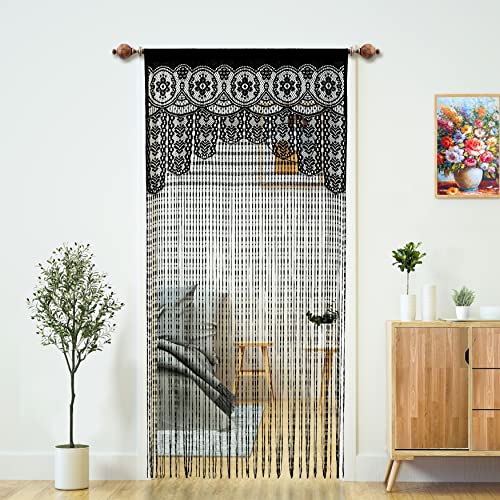"Macrame Lace Door String Curtain for Doorway, Black, 35""W x 79""L, 2 Panels - Room Divider, Bohemian Boho Gypsy Hippie, Hang Fringe Tassel, for Window Door Wall Hallway Deco and Privacy, Keep Bug Out"
