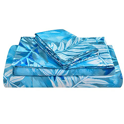 JSD Teal Blue Leaves Print Sheet Set King, 4 Piece Soft Botanical Pattern Microfiber Sheets Extra Deep Pocket
