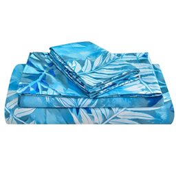JSD Teal Blue Leaves Print Sheet Set King, 4 Piece Soft Botanical Pattern Microfiber Sheets Extra Deep Pocket