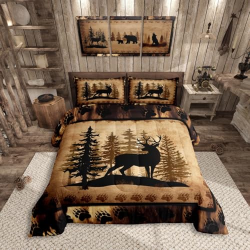 Feelyou Cute Deer Comforter Set for Girls Boys Kids Deer Hunting Bedding Set Room Decorative Rustic Bear Paw Print Bedding Set Canbin Deer Brown Duvet Set Twin Size 2Pcs Quilt Set with 1 Pillow Case