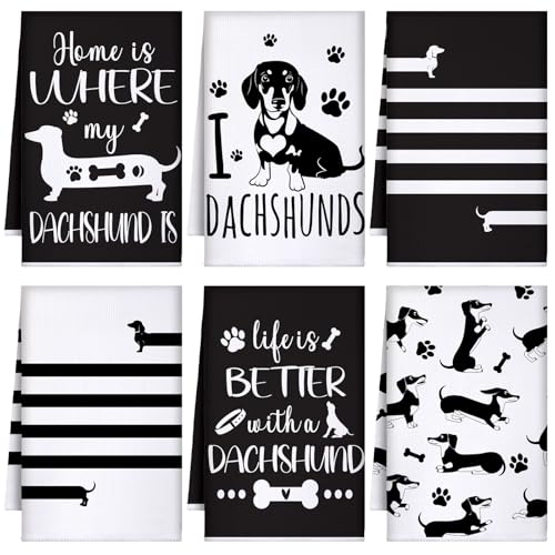 TecUnite 6 Pcs Dachshund Kitchen Towels Set Funny Long Dog Dishtowels Cute Dachshund Absorbent Decorative Hand Tea Towels for Cleaning Drying Women Mom Dog Lovers Housewarming Gifts Decor