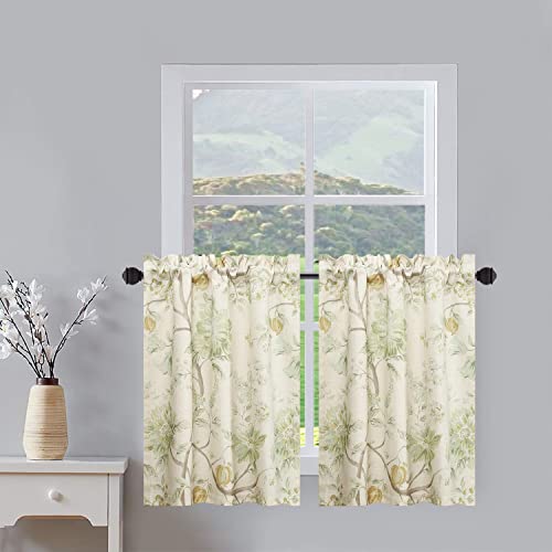 Leeva Spring Flower Botanical Design Half Window Curtain for Living Room Linen Textured Curtain Tiers Rod Pocket Draperies Home Decoration for Cafe Farmhouse, Green, Set of 2 Panels, 30 x 30