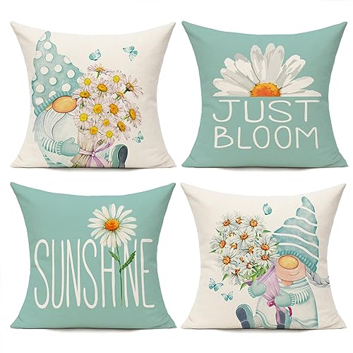 All Smiles Light Blue Cushion Covers Outdoor Spring Summer Decorative Pillow Cases 18x18 Set of 4 Home D??cor Decorations for Patio Couch Chair Sofa,Daisy Floral Gnomes