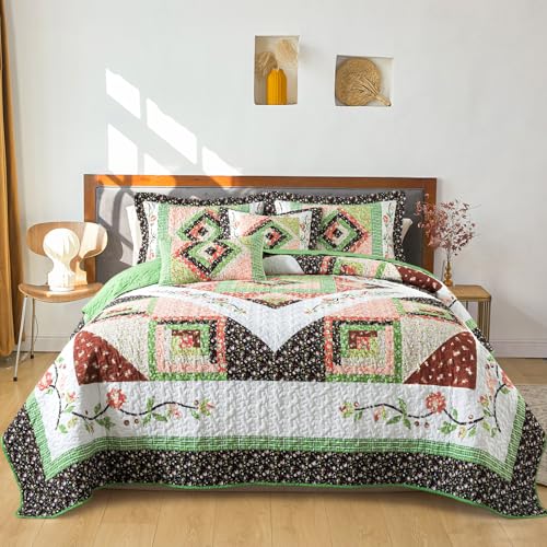 BEDIFANY Queen Size Quilt Set, Farmhouse Cotton Fill Bedspread Coverlet Set - Lightweight Floral Queen Quilt Bedding Sets for Bed Decorations - All Seasons, 3 Pieces - Green (90 x 98 Inch)