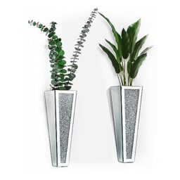 Wittolins Flower Vase, Crystal Wall Vase Hanging Planter Mirrored Container, Silver Crushed Diamond Home Decor for Living Room, Dining Room, Bedroom, Set of 2 （11.2 Inch High）