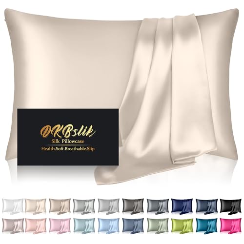 Silk Pillowcase for Hair and Skin, Mulberry Silk Pillow Cases Standard Size Anti Acne Cooling Beauty Sleep Both Sides Natural Silk Satin Pillow Covers with Hidden Zipper, Gifts for Women Men, Beige