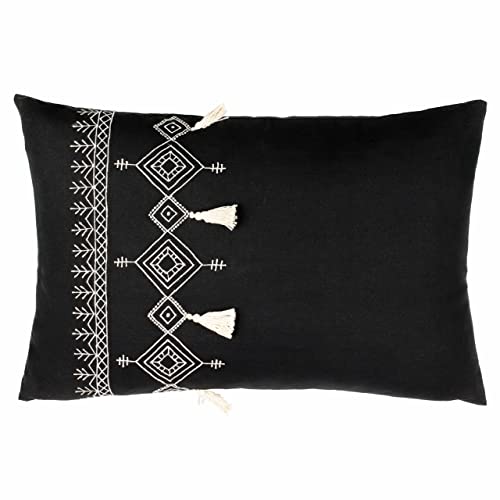 furn. Pritta Polyester Filled Cushion – Bohemian Geometric Embroidered Cotton Tassel Trim Pillow (Black – 40x60cm)