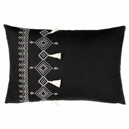 furn. Pritta Polyester Filled Cushion – Bohemian Geometric Embroidered Cotton Tassel Trim Pillow (Black – 40x60cm)