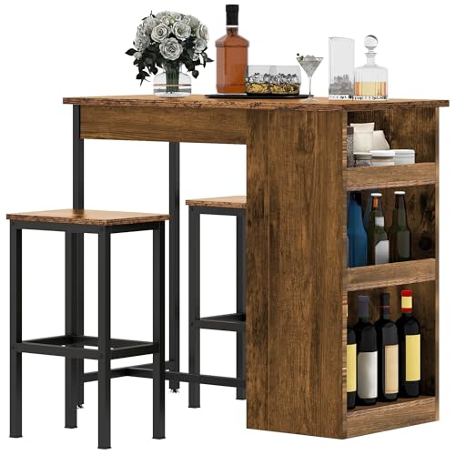 DWVO Breakfast Bar Table and Stools Set, Kitchen Breakfast Bar Table Set Storage Shelf for Kitchen Dining Room Pub Industrial Steel Frame Rustic Brown