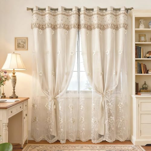 Amidoudou 1 Pair European Double Layer Curtains for Living Room Bedroom Luxury Flower Embroidered Curtains with Valance (Beige,52x96 Inch)