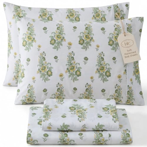 HLC.ME Color Block Printed Floral Bed Sheets - 4 Piece Patterned Bed Sheet Set - Wrinkle Resistant & Ultra Soft - Fits Mattresses up to 15 Inches Deep (King, Green)