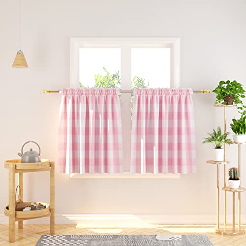 Natus Weaver Cafe Curtains 30 inches Long Buffalo Plaid Kitchen Tiers 2 Panels Rod Pocket Gingham Check Short Small Half Window Curtains Bathroom Pink & White