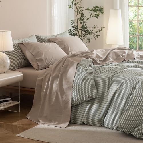 "JIYUAN King Washed Cotton Sheet Set, 4-Piece, Relaxed Linen Feel - Deep Pocket Fits Mattresses up to 17"". Flat Sheet & 2 Pillowcases. Naturally Soft & Breathable. Machine Washable."