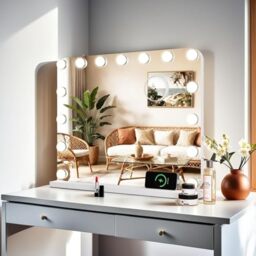 Clevich Make-up Mirror with Lighting, 50 x 40 cm, 15 Dimmable LEDs, USB Port, Removable Magnifying Mirror, Table and Wall Mirror for Make-Up, Modern Style