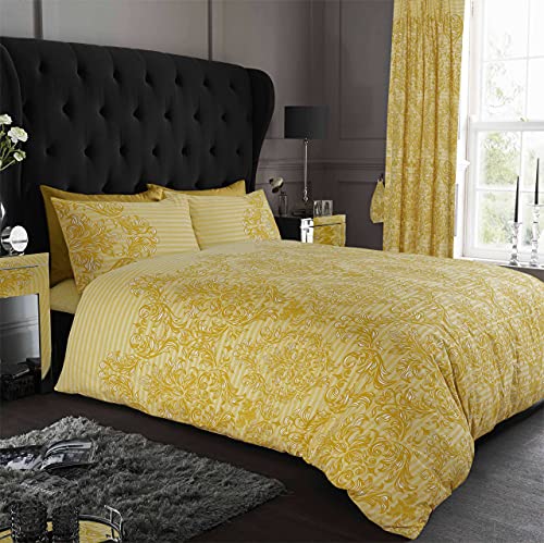 GC GAVENO CAVAILIA Luxurious Empire Damask Printed Cover, Easy Care Soft & Cosy Quilt Bedding, Polycotton, Ochre, Double Duvet Set