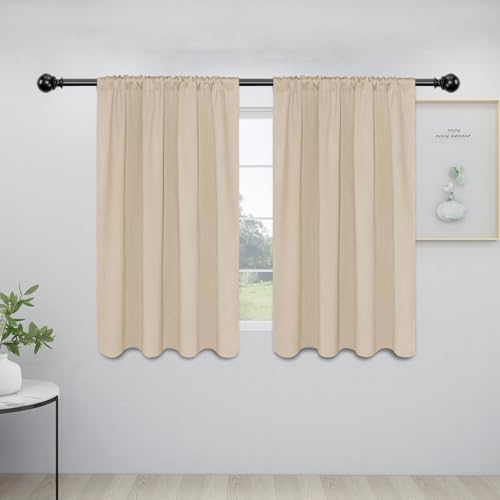 Easy-Going Rod Pocket Blackout Curtains for Bedroom, Room Darkening Window Treatments Curtains for Living Room, Thermal Insulated Noise Reduction Solid Window Drapes, 2 Panels (34x45 in, Beige)