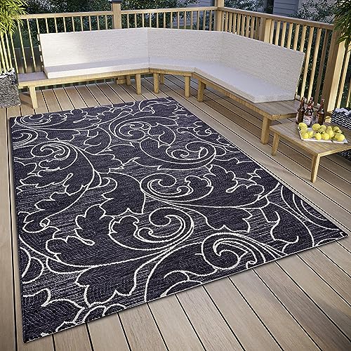 freundin Home Collection Palau Indoor & Outdoor Rug - Floral Flat Weave Leaves Pattern, Weatherproof & UV-Resistant Outdoor Rug for Living Room, Hallway, Balcony, Patio, Garden - Black, 155 x 230 cm