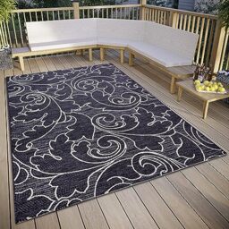 freundin Home Collection Palau Indoor & Outdoor Rug - Floral Flat Weave Leaves Pattern, Weatherproof & UV-Resistant Outdoor Rug for Living Room, Hallway, Balcony, Patio, Garden - Black, 155 x 230 cm