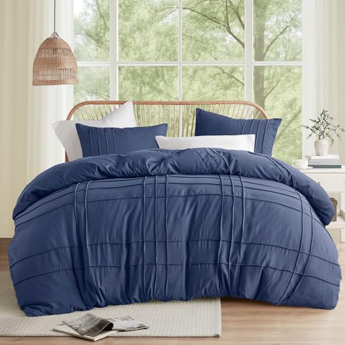 Comfort Spaces Navy Cal King Size Comforter Set - 3 Piece Pintuck Pleated Bedding Set, All Season Lightweight, Extra Softness Pre-Washed Microfiber Bed Set, Shams